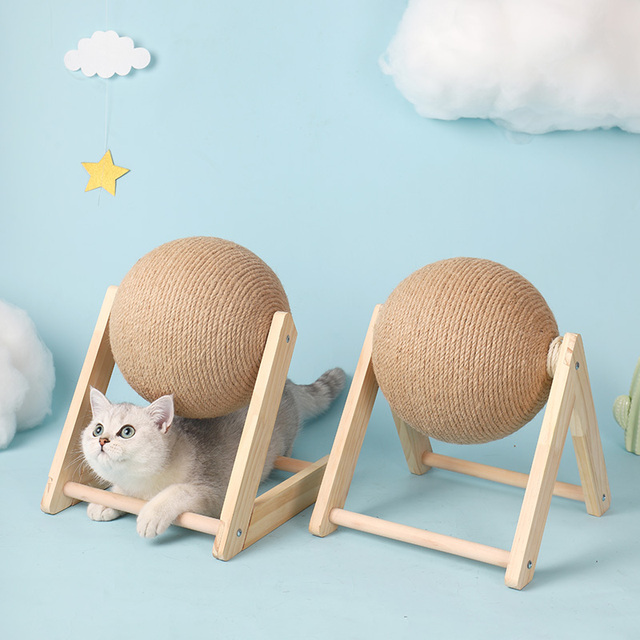 Drapak dla kota z drewnianą podstawką, linką sizalową i zabawkową piłką - Wianko - 5