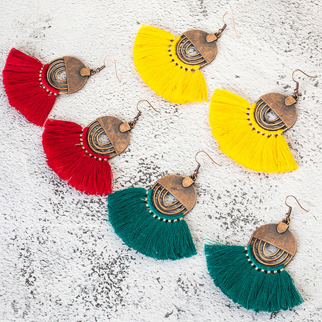 Kolczyki Tassel dla kobiet: 18 kolorów, styl bohema, liny bawełniane, frędzle dyndające, okrągłe - Wianko - 4