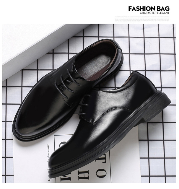 Mężczyźni biznesowi wybierają nowoczesne platformowe buty o szpiczastym czubku - czarne, skórzane, płytkie buty Derby z wygodnymi sznurowadłami - Wianko - 6