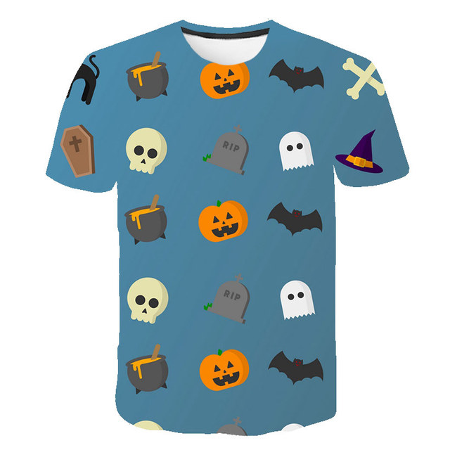 Koszulka dziecięca z krótkim rękawem, Halloweenowa czaszka z dyni, śmieszne słodkie kreskówki, dla chłopców, O-Neck Casual - Wianko - 44