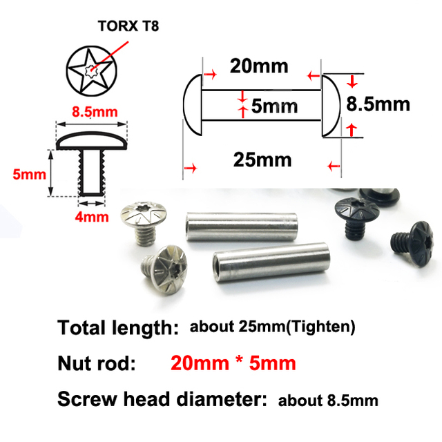 Zestaw 2 śrub Chicago z głowicą typu Torx o wymiarach 5mm x 14mm do 20mm oraz narzędzie zewnętrzne/rękojeść noża o otworze 5mm - Majsterkowanie w drewnie DIY - Wianko - 6