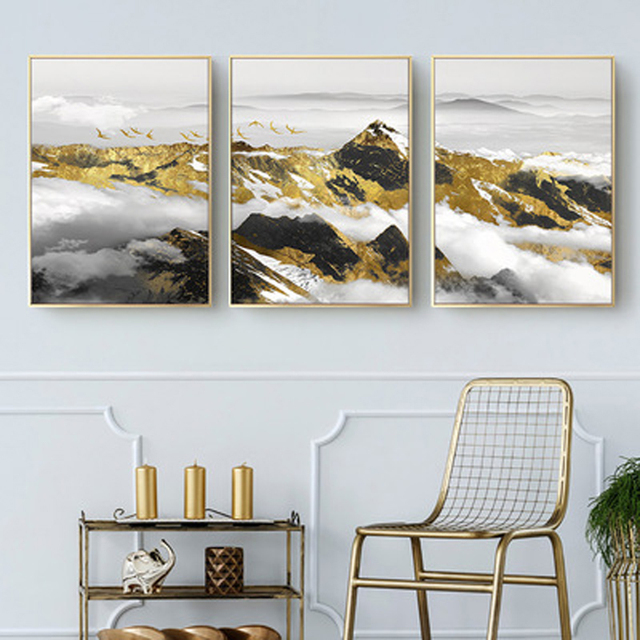 Luksusowe złote malarstwo wiszące na ścianie w stylu chińskim z widokiem na scenę górską i liście - Wianko - 1