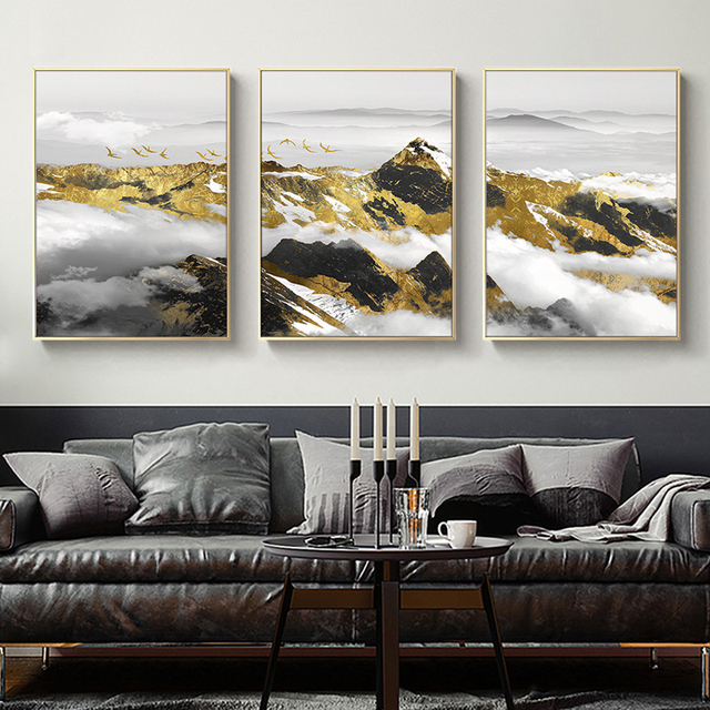 Luksusowe złote malarstwo wiszące na ścianie w stylu chińskim z widokiem na scenę górską i liście - Wianko - 2