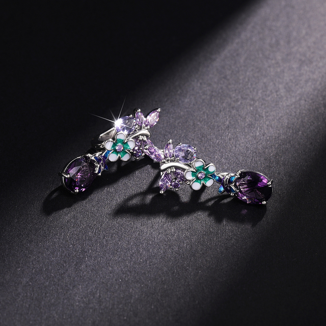 Kolczyki wiszące CAOSHI - unikalny urok kwiatów i motyli, romantyczny fioletowy kryształ z cyrkoniami, elegancka biżuteria ślubna dla kobiet - Wianko - 9