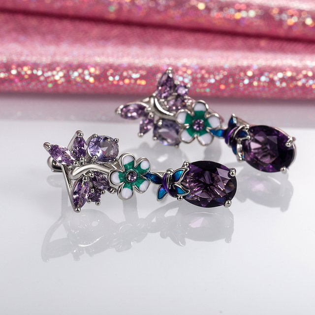 Kolczyki wiszące CAOSHI - unikalny urok kwiatów i motyli, romantyczny fioletowy kryształ z cyrkoniami, elegancka biżuteria ślubna dla kobiet - Wianko - 6