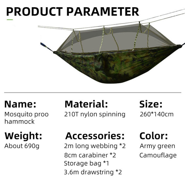 Przenośny lekki hamak kempingowy dla 2 osób z siatką przeciwko owadom i baldachimem - turystyczny hamak 210T nylonowy - Wianko - 11