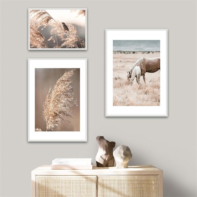 Plakat artystyczny z motywem reed dmuchawiec i chwasty, drukowany na naturalnym płótnie, przedstawiający końa i inne zwierzęta, inspirowany malarstwem nowoczesnym - dekoracja wnętrza - Wianko - 3