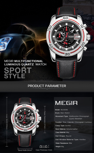MEGIR 2023 - męski zegarek skórzany, chronograf, wodoodporny, sportowy, kwarcowy - Wianko - 2