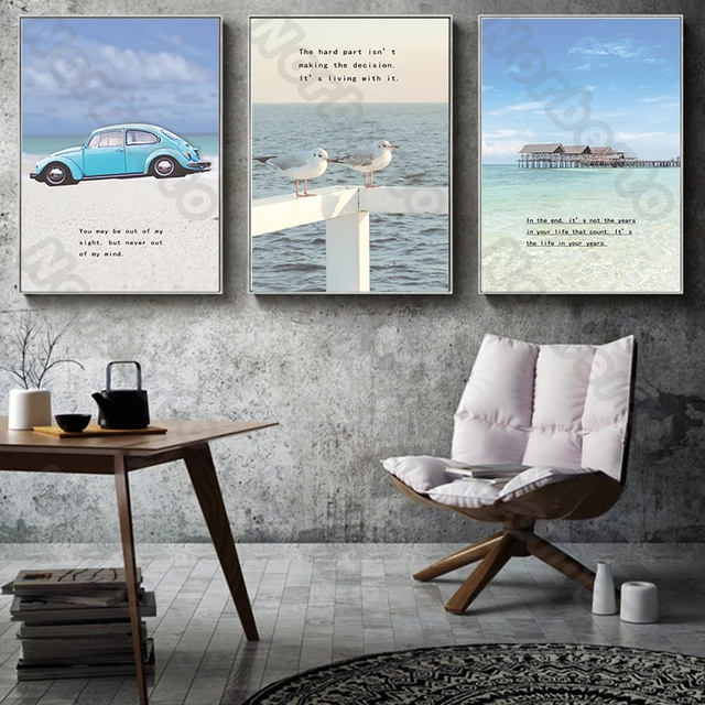 Nowoczesny obraz na płótnie: Szerski, niebieski ocean, samochód Seascape, ptaki, kabina - plakat do dekoracji ścian w domu i galerii - Wianko - 4