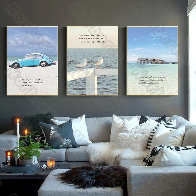 Nowoczesny obraz na płótnie: Szerski, niebieski ocean, samochód Seascape, ptaki, kabina - plakat do dekoracji ścian w domu i galerii - Wianko - 2