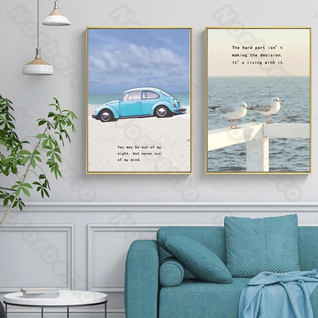 Nowoczesny obraz na płótnie: Szerski, niebieski ocean, samochód Seascape, ptaki, kabina - plakat do dekoracji ścian w domu i galerii - Wianko - 5