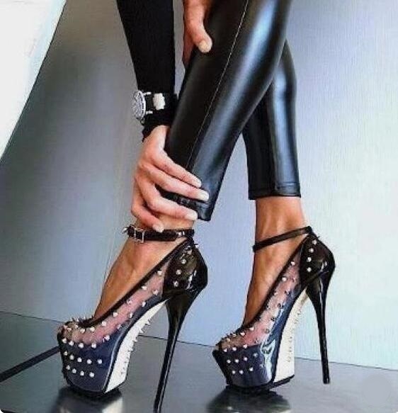 Czarne skórzane szpilki na platformie buty damskie PVC przezroczyste Rievt Peep Toe kostki Wrap - Wianko - 13