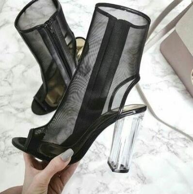 Czarne skórzane szpilki na platformie buty damskie PVC przezroczyste Rievt Peep Toe kostki Wrap - Wianko - 5
