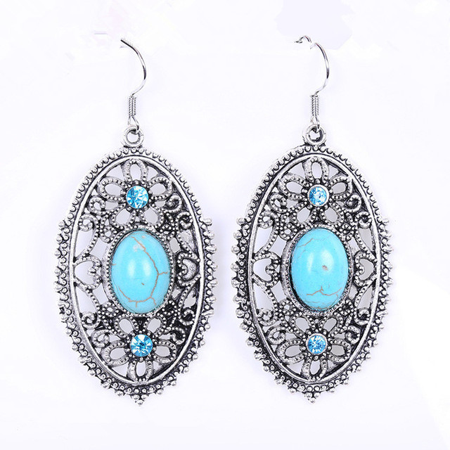 Kolczyki wiszące - Vintage, owalny niebieski kamień, srebrny kolor, Hollow, urok biżuterii dla kobiet - Wianko - 3