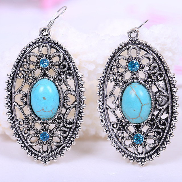 Kolczyki wiszące - Vintage, owalny niebieski kamień, srebrny kolor, Hollow, urok biżuterii dla kobiet - Wianko - 4