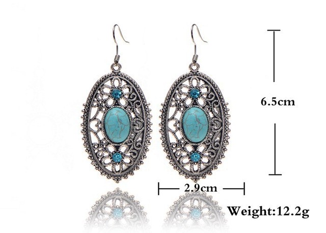 Kolczyki wiszące - Vintage, owalny niebieski kamień, srebrny kolor, Hollow, urok biżuterii dla kobiet - Wianko - 2