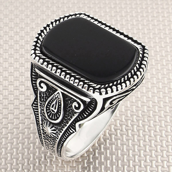 Ręcznie robiony męski pierścionek Onyx Black Gemstone z kamieniem naturalnym, srebro 925 - Wianko - 1