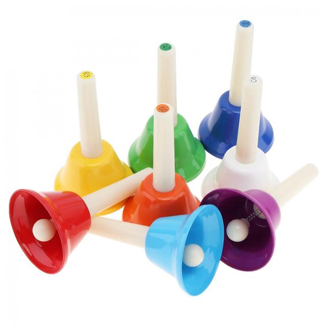 Dzwonek ręczny Slade - 8 sztuk, kolorowe instrumenty perkusyjne dla dzieci, wczesna edukacja - Wianko - 6