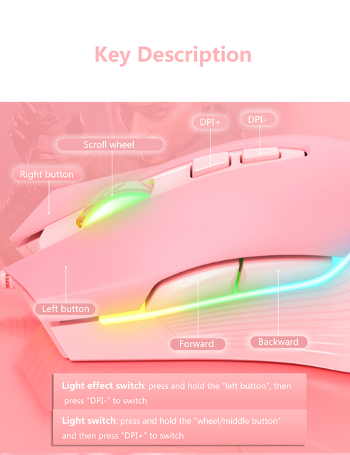 Mysz gamingowa RGB z regulacją prędkości 6400 DPI - różowy dla dziewczyn, przewodowa, dedykowana na laptopa - Wianko - 10