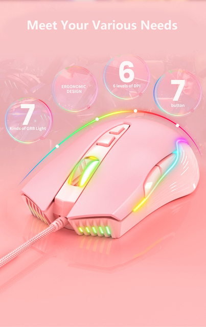 Mysz gamingowa RGB z regulacją prędkości 6400 DPI - różowy dla dziewczyn, przewodowa, dedykowana na laptopa - Wianko - 6