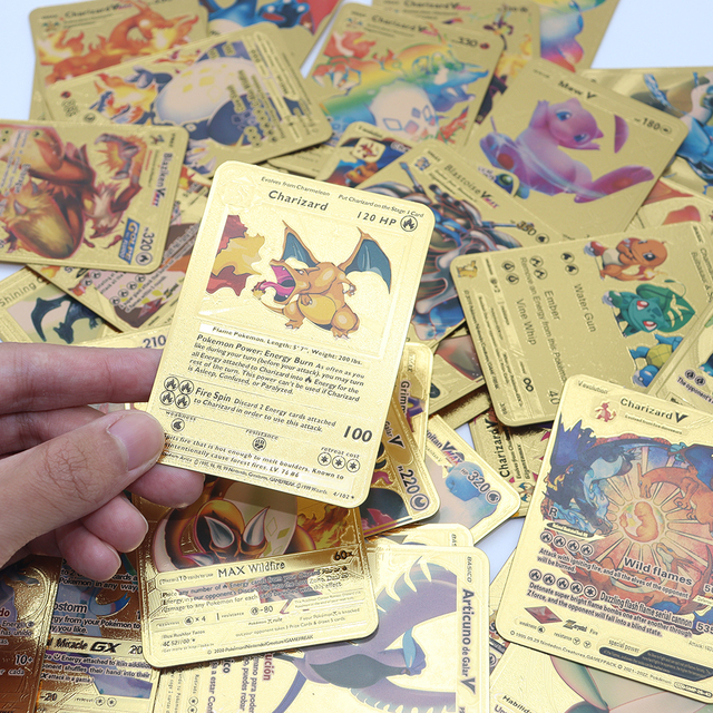 Nowe 54 kawałki Pokemon metalowe karty do gry pudełko złote litery Metalicas Charizard Vmax Gx karciana zabawka drobna+gratis - Wianko - 5