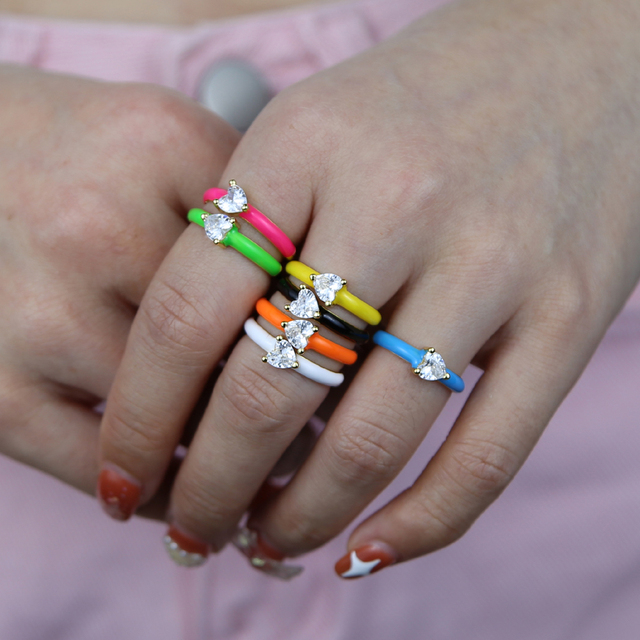 Pierścionek z pojedynczą jasną cyrkonią w kształcie serca, emalia neonowa, dostosowany na palec dla kobiet - lato 2021 - Wianko - 6