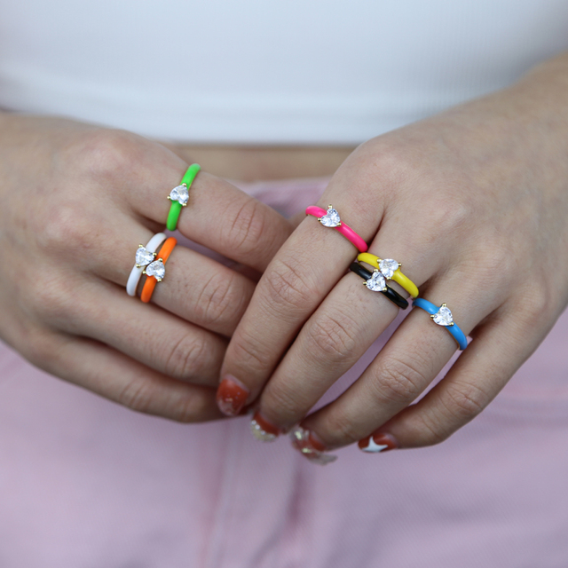 Pierścionek z pojedynczą jasną cyrkonią w kształcie serca, emalia neonowa, dostosowany na palec dla kobiet - lato 2021 - Wianko - 7