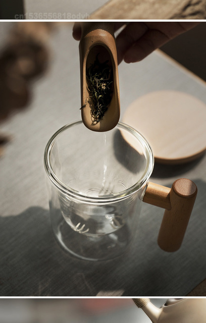 Drewniany kubek do herbaty w stylu japońskim z filtrem i uchwytem z kawy, szklany, biurowy - Wianko - 8