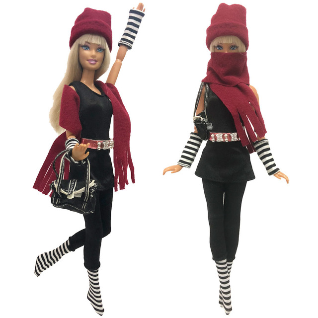 Zestaw zimowej odzieży dla lalek Barbie: handmade sukienka, buty, skarpetki, czapka, szalik, torba (233A DZ) - Wianko - 4