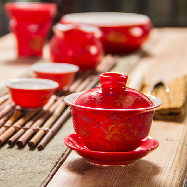 Czarka do herbaty Gaiwan - chińska ręcznie malowana ceramika, elegancki, z pokrywką i spodkiem - Teaware, herbata Kung Fu - Wianko - 1