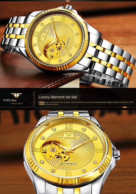 Męski zegarek automatyczny Hollow z kołem zamachowym, wodoodporny, w złotej stalowej kopercie, biznesowy, z luminous analogowym wyświetlaczem na rękę – Relogio Masculino - Wianko - 12