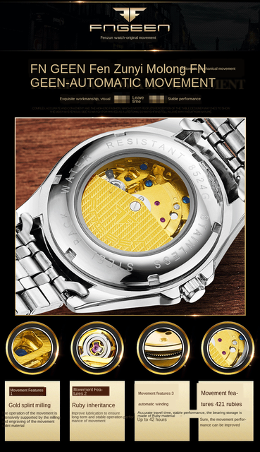 Męski zegarek automatyczny Hollow z kołem zamachowym, wodoodporny, w złotej stalowej kopercie, biznesowy, z luminous analogowym wyświetlaczem na rękę – Relogio Masculino - Wianko - 6