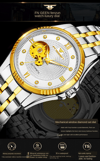 Męski zegarek automatyczny Hollow z kołem zamachowym, wodoodporny, w złotej stalowej kopercie, biznesowy, z luminous analogowym wyświetlaczem na rękę – Relogio Masculino - Wianko - 5