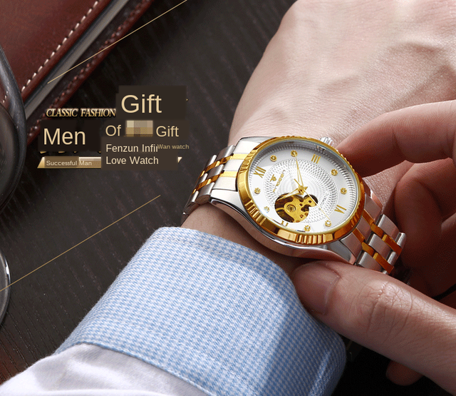 Męski zegarek automatyczny Hollow z kołem zamachowym, wodoodporny, w złotej stalowej kopercie, biznesowy, z luminous analogowym wyświetlaczem na rękę – Relogio Masculino - Wianko - 7
