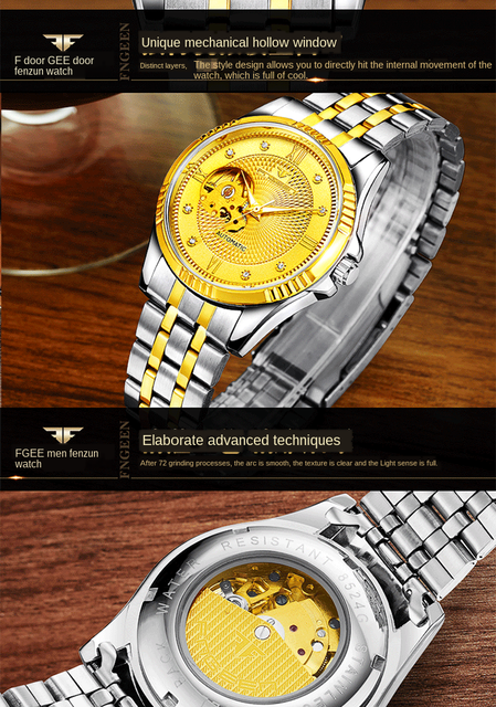 Męski zegarek automatyczny Hollow z kołem zamachowym, wodoodporny, w złotej stalowej kopercie, biznesowy, z luminous analogowym wyświetlaczem na rękę – Relogio Masculino - Wianko - 13