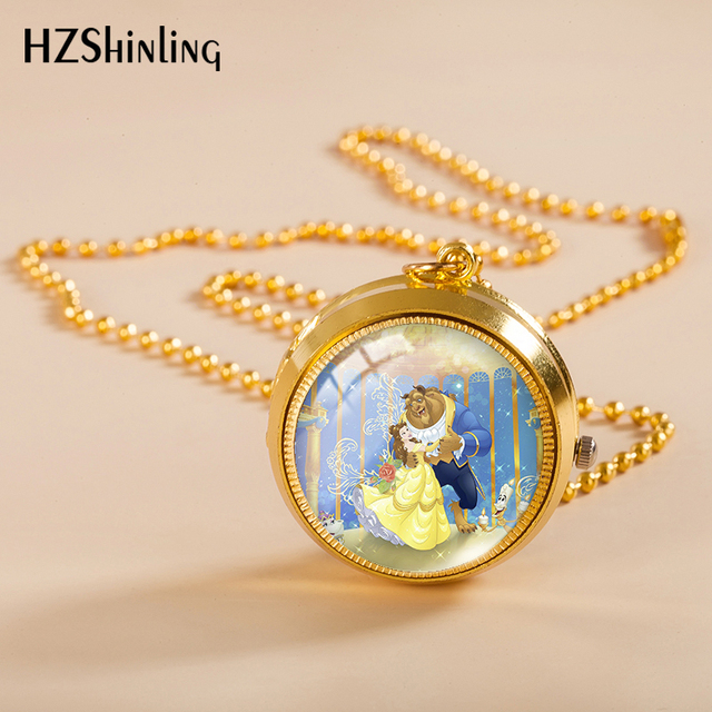 Naszyjnik księżniczki Belle różowe złoto Cabochon kieszonkowy zegarek - Wianko - 2