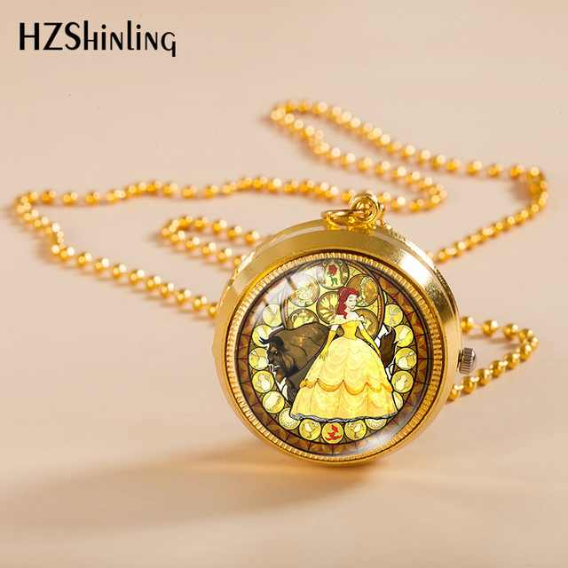 Naszyjnik księżniczki Belle różowe złoto Cabochon kieszonkowy zegarek - Wianko - 4