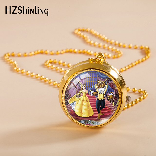Naszyjnik księżniczki Belle różowe złoto Cabochon kieszonkowy zegarek - Wianko - 5
