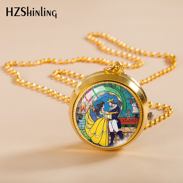 Naszyjnik księżniczki Belle różowe złoto Cabochon kieszonkowy zegarek - Wianko - 6