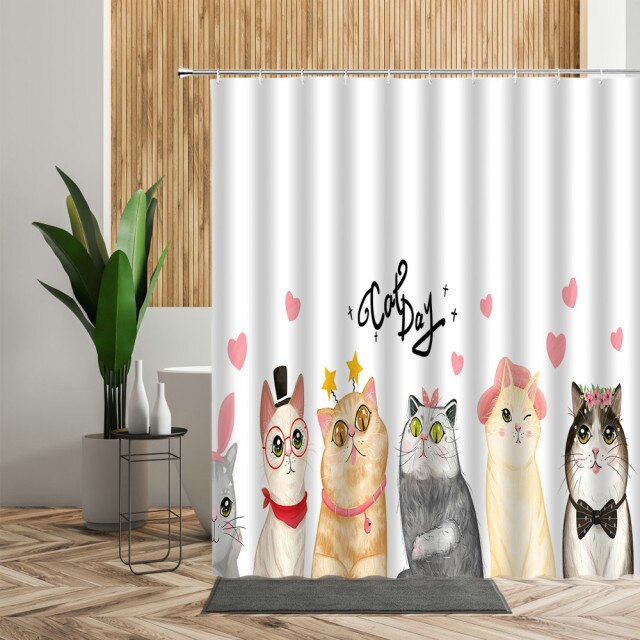 Zasłona prysznicowa Cartoon Cute Animal - koty pieski Anime, wzór 3D, wodoodporna tkanina, dla dzieci - Wianko - 3