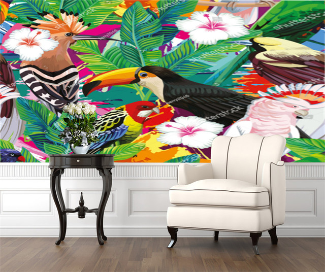 Tapeta z ręcznie rysowanym motywem tropikalnego ptaka tukan, papugi i liścia palmowego do salonu, tło tapetowe na sofę, dekoracja wnętrza - Wianko - 13