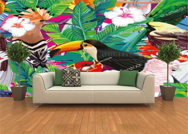 Tapeta z ręcznie rysowanym motywem tropikalnego ptaka tukan, papugi i liścia palmowego do salonu, tło tapetowe na sofę, dekoracja wnętrza - Wianko - 10