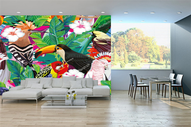 Tapeta z ręcznie rysowanym motywem tropikalnego ptaka tukan, papugi i liścia palmowego do salonu, tło tapetowe na sofę, dekoracja wnętrza - Wianko - 11
