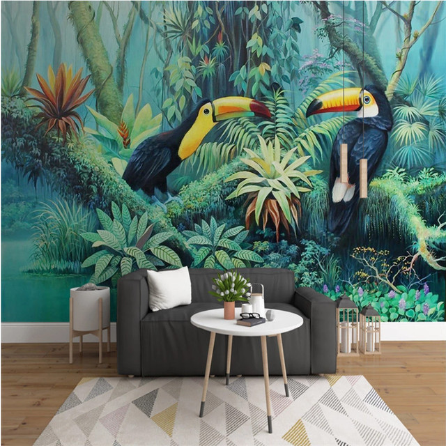 Tapeta z ręcznie rysowanym motywem tropikalnego ptaka tukan, papugi i liścia palmowego do salonu, tło tapetowe na sofę, dekoracja wnętrza - Wianko - 1