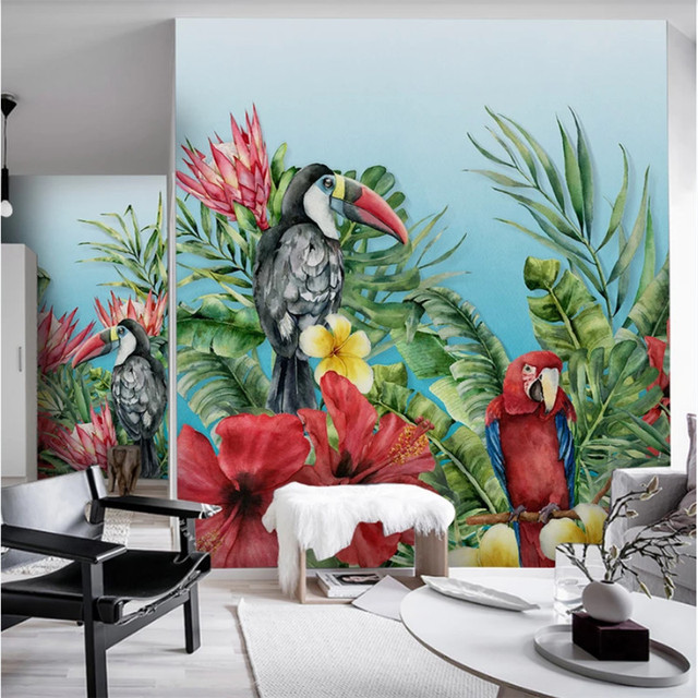 Tapeta z ręcznie rysowanym motywem tropikalnego ptaka tukan, papugi i liścia palmowego do salonu, tło tapetowe na sofę, dekoracja wnętrza - Wianko - 7