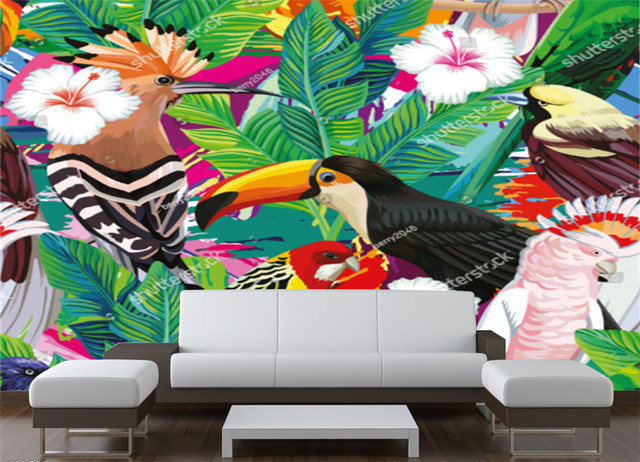Tapeta z ręcznie rysowanym motywem tropikalnego ptaka tukan, papugi i liścia palmowego do salonu, tło tapetowe na sofę, dekoracja wnętrza - Wianko - 12