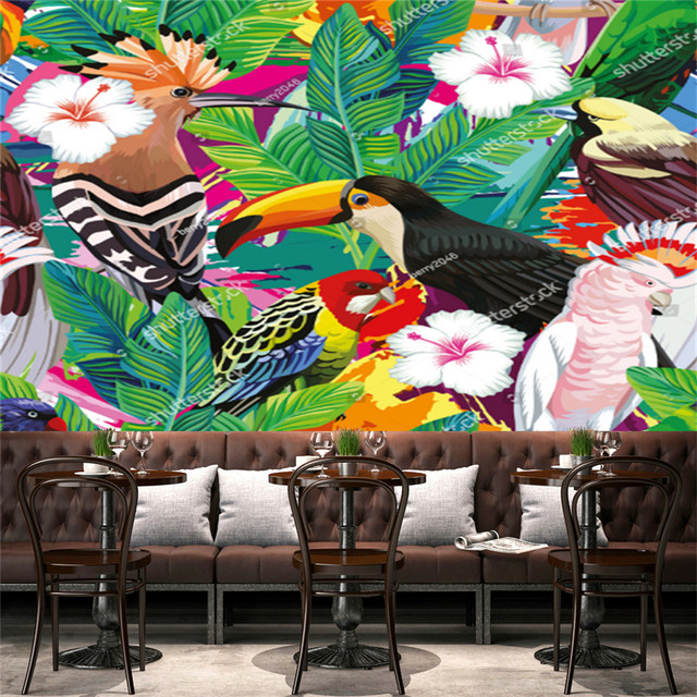 Tapeta z ręcznie rysowanym motywem tropikalnego ptaka tukan, papugi i liścia palmowego do salonu, tło tapetowe na sofę, dekoracja wnętrza - Wianko - 9
