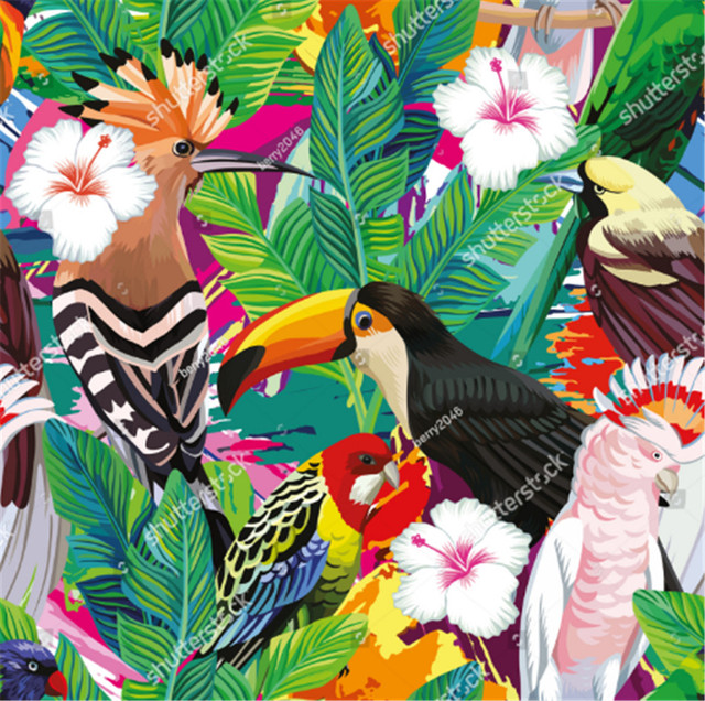 Tapeta z ręcznie rysowanym motywem tropikalnego ptaka tukan, papugi i liścia palmowego do salonu, tło tapetowe na sofę, dekoracja wnętrza - Wianko - 14