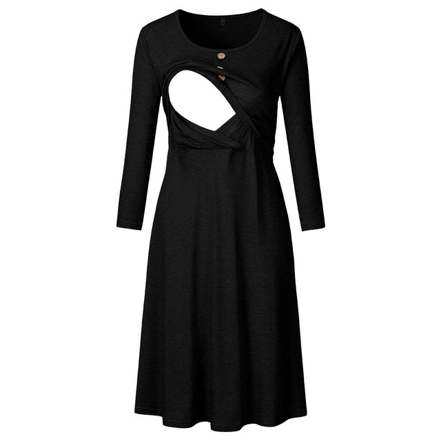 Sukienka ciążowa z długim rękawem do karmienia i zdobionymi guzikami - Wianko - 10