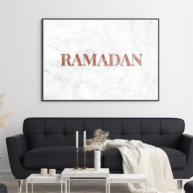 Islamska kaligrafia: plakat muzułmański Ramadan, różowy złoty, marmur, drukowany obraz na płótnie - Wianko - 4